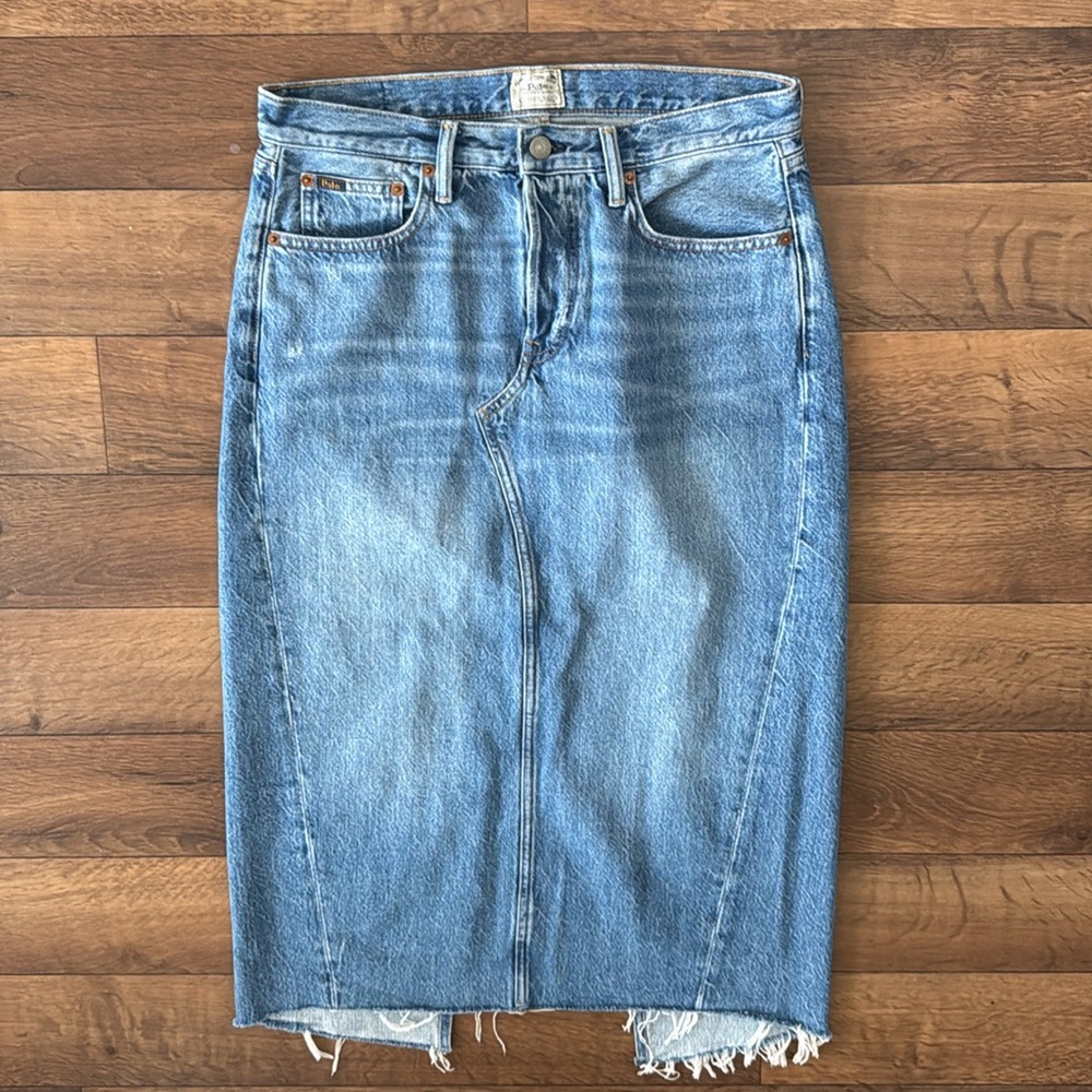 Polo Ralph Lauren Size 29R Denim Midi/Maxi Skirt 100% Cotton Button Fly W/ Slit